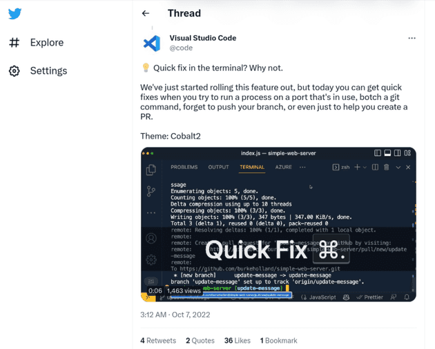 Tweet on Terminal Quick Fixes